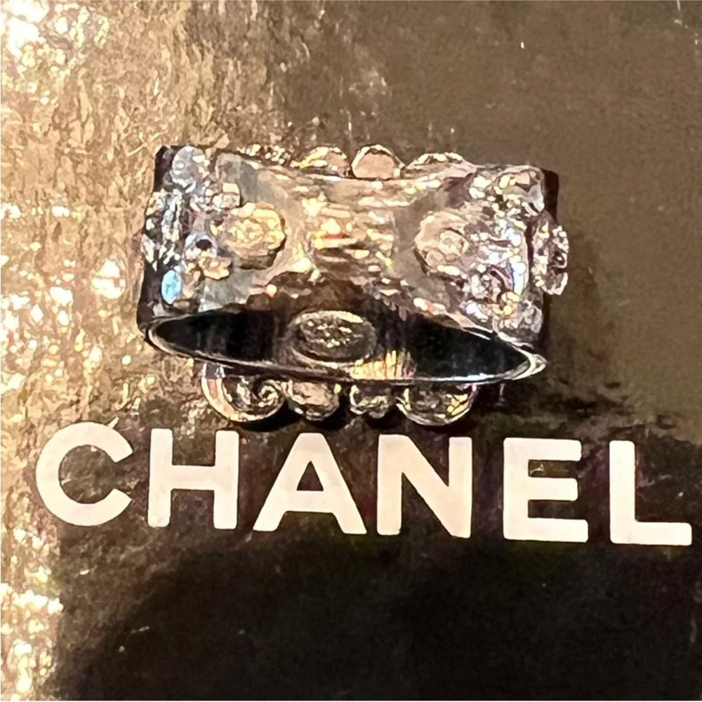 CHANEL Silver and Black Crystal Ring